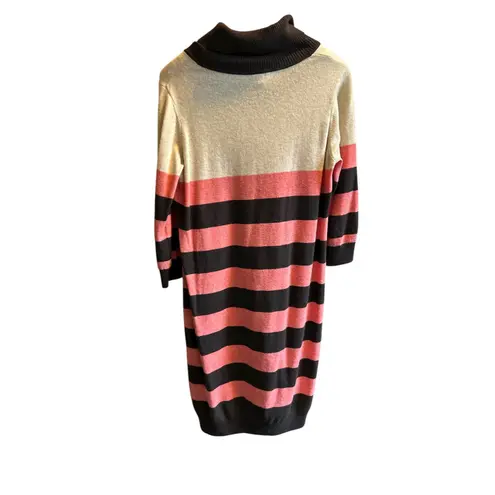 Escada Sport Women XL Striped Turtleneck Sweater Dress Coral Black Beige wool Pink