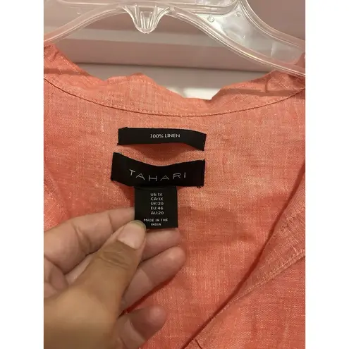 Tahari Women's Heather Coral 100% Linen 3/4 Sleeve Tunic Top Plus Size 1X Curvy