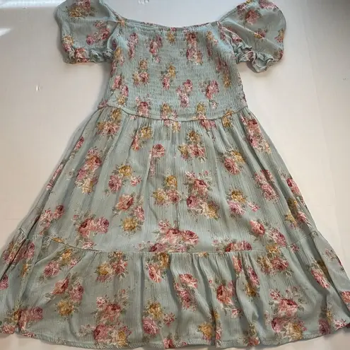 Becool Peasant Babydoll Smocked Mini Dress Puff Sleeves Spring Easter Floral S Green