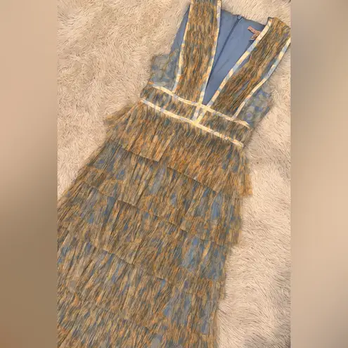 Hutch NEW Plunge V Neck Tiered Tulle Sky Floral Gown Dress sz 14