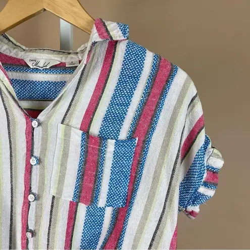 Caffe’ Marrakech Small Striped Linen Blend Short Sleeve Tie Waist Top Beachy Red