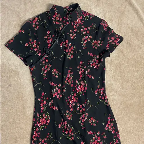 Charm, elegant cheongsam Floral Black and Pink Maxi Dress Size Small