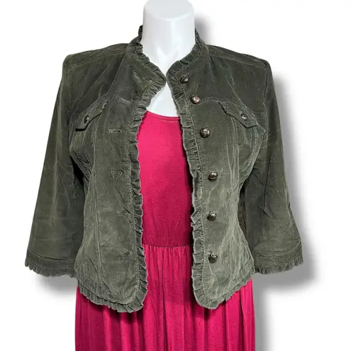 Telluride Clothing Co Womens Corduroy Short Jacket Ruffle Accent Button Close L Green Size L