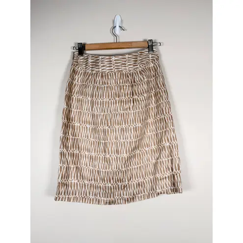 Boden 100% Linen Lined A Line Skirt Tan White Abstract Print Pockets size 8R