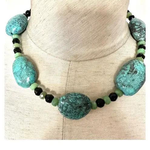 Sterling silver turquoise jade and onyx chunky artisan necklace Blue