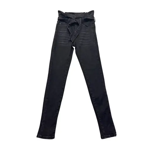Kancan 1/24 High Rise Ankle Skinny Paperbag Black Jean Waist Tie Belt Gray