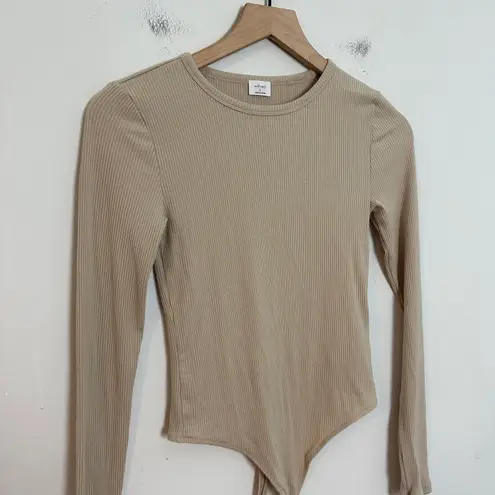 Wilfred - Long Sleeve Rib Body Suit Tan Aritzia Snap Closure Thong