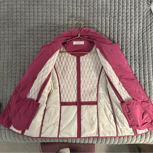 Gorgeous Dismero Pink Quilted Button Front Jacket with gold toggle. Size 8