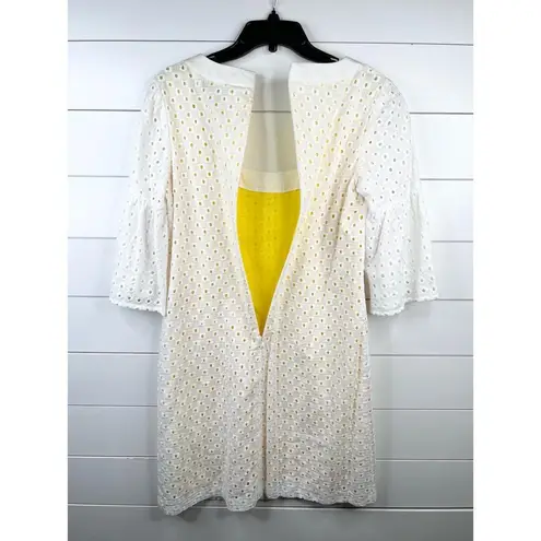 Trina Turk  White Eyelet Bell Sleeve A-Line Dress Size 8 Yellow Lining Cotton