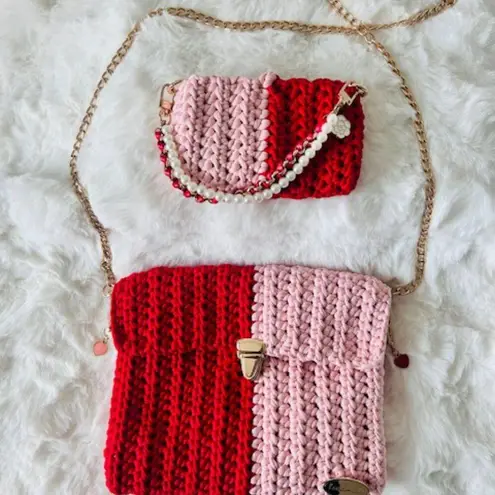 Handmade Red and Pink Crochet Bag Set