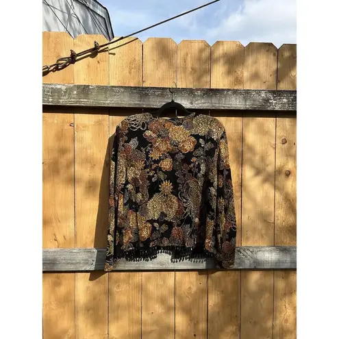 Vintage MSK Womens Floral Metallic Beaded Open Front Cardiganā Top Large Black