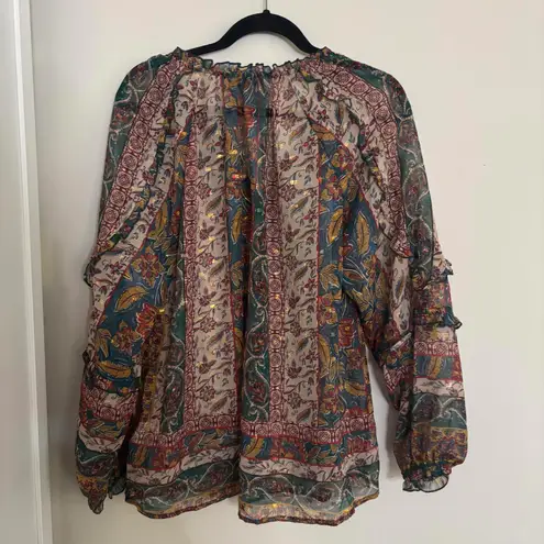 Democracy floral BoHo printed metallic thread sheer peasant blouse tunic