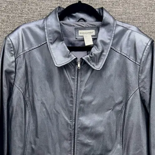 Jessica London Womens Leather Jacket Size 20 Silver Metallic Retro Full Zip
