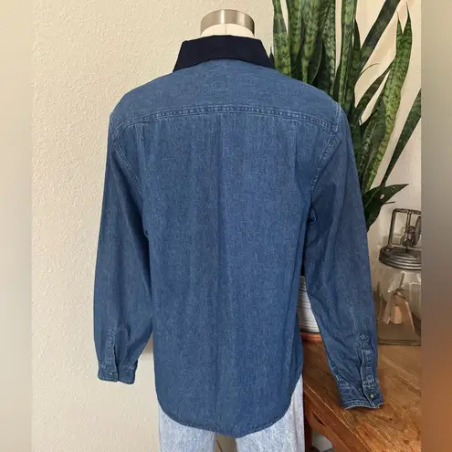 Vintage Denim Embroidered Christmas Shirt Corduroy Collar 90s pine cones medium Blue