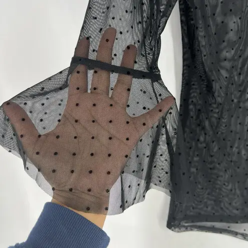 Soprano  Womens Top Size S Polka Dot Sheer Mesh Top Bell Sleeves Black Whimsygoth