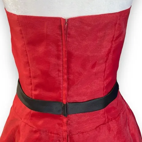 Vintage 90s Mini Dress Red Strapless Corset Black Tulle Rosette Detail Prom 6 Red