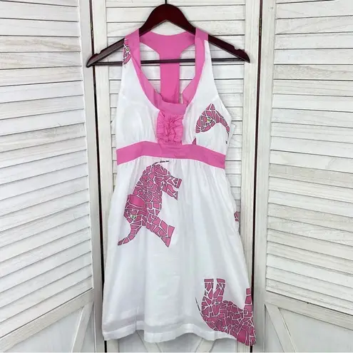 Tracy Negoshian Mosaic Elephants Cotton Halter Sundress White Pink Small