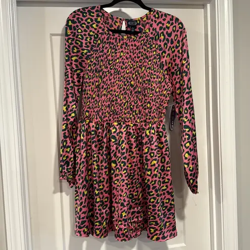 NEW Scoop Smocked Pink Leopard Print Long Sleeve Mini Dress