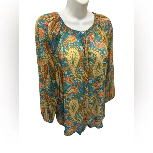 Sundance Pullover 100% SILK Sheer Paisley Peasant Top Sz L Smocked Neck Billowy