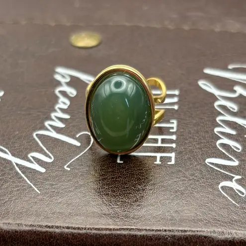Handmade Green Jade Stainless Steel Adjustable Ring Bohemian