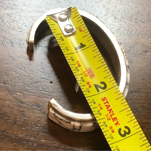 WHITE BUFFALO Sterling Silver Mosaic Inlay Navajo Native American Tapered Cuff