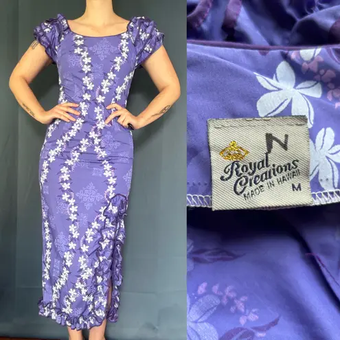 Vintage 80s Royal Creations Floral Hawaiian Luau Ruffle Dress Purple Size M