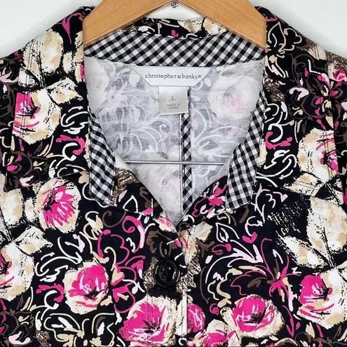 Christopher & Banks Floral button up Blouse Short Jacket gingham trim Large READ