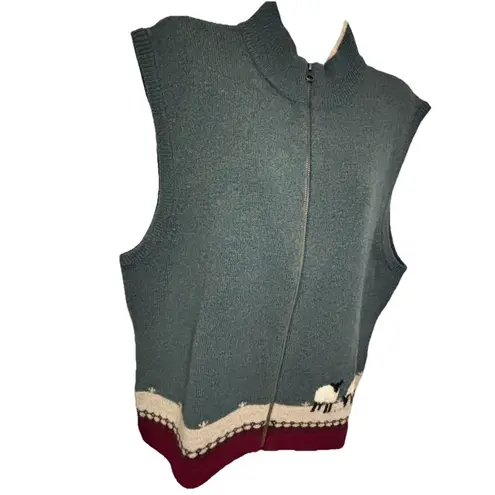 Woolrich Sweater Vest Womens L Blue Lambswool Full Zip Grazing Sheep Cottagecore