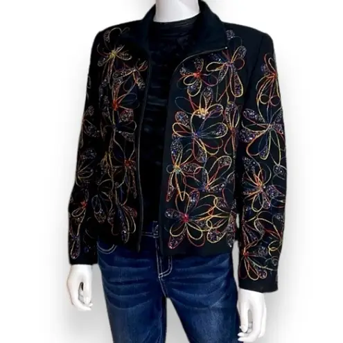 VINTAGE Boho Jacket Women’s Medium Front Zip Embroidered Sequin Floral Anage Black