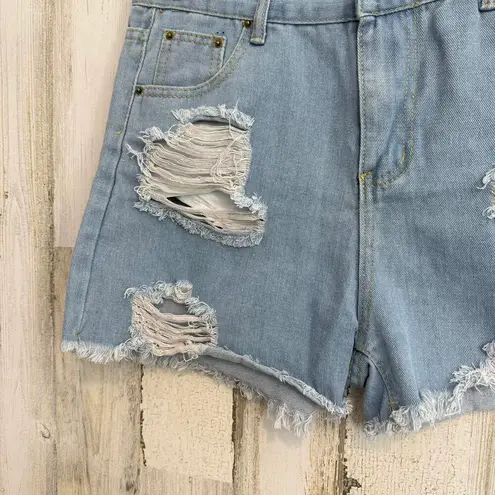 *Trendy Distressed Denim Shorts Summer Vibes High Waist Casual Ripped Blue Size L