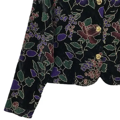 Vintage Black Gold Metallic Velvet Colorful Floral Evening Blazer Size SMALL