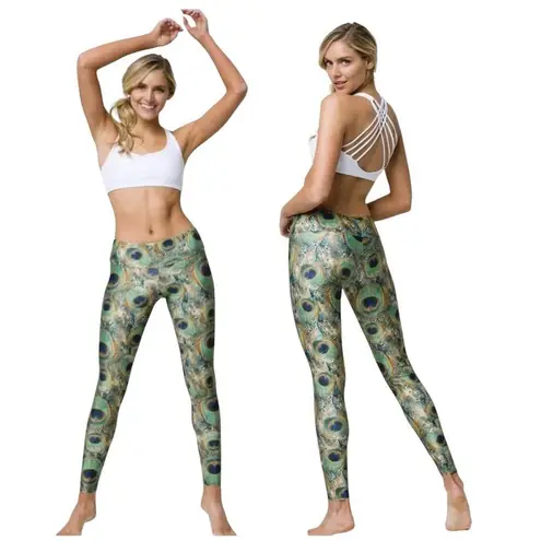 Onzie Long Leggings Yoga Pants Womens Size MT Peacock Feathers Green Low Rise