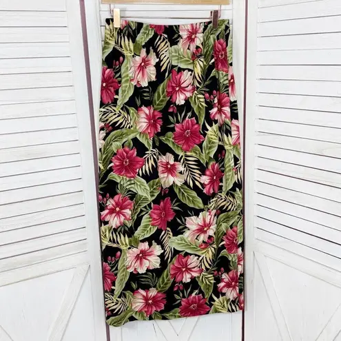 Haggar Vintage Linen Tropical Flower Print Button Front Maxi Skirt Black Pink 8