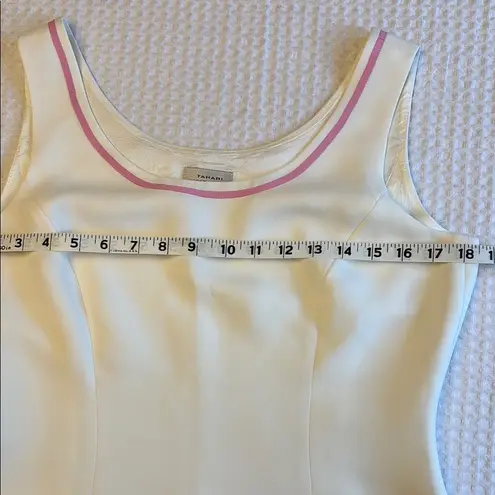 Tahari Size 8 Ivory White Pink Ribbon Trim Fitted Sleeveless Blouse Tank Top