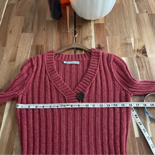 Long Sweater Burnt Red Rust Low V Ribbed with Oversized Button Size L