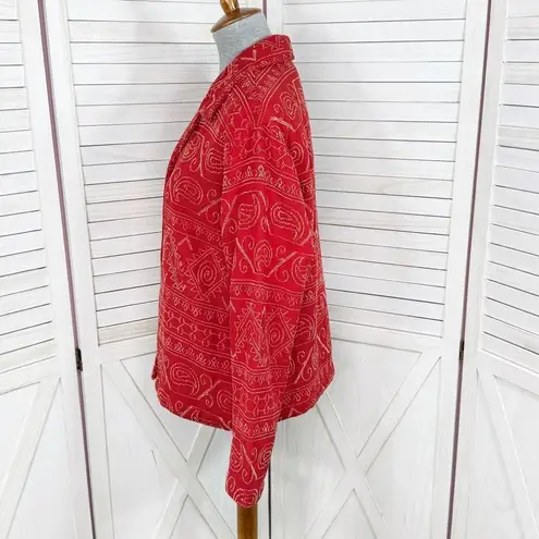 Coldwater Creek Geometric Fair Isle Embroidered Button Up Jacket Red Medium
