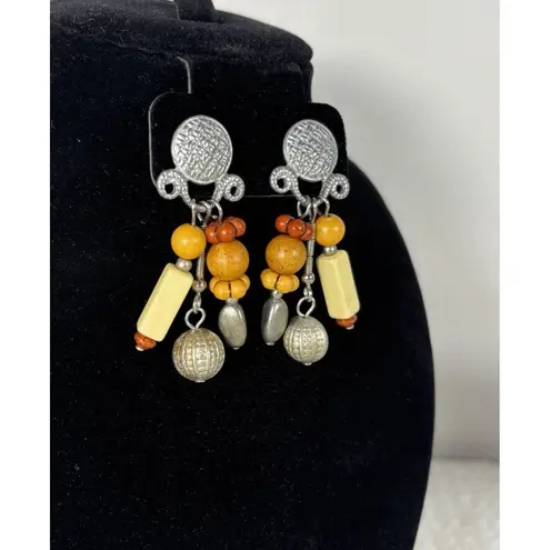 Vintage Robert Rose Orange Silver Boho Tribal Aztec Dangle Earrings