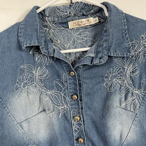 Korean Brand Embroidery Womens Slim Fit Denim Skirts Jean Dress Long Sleeve Sz L Blue Size M