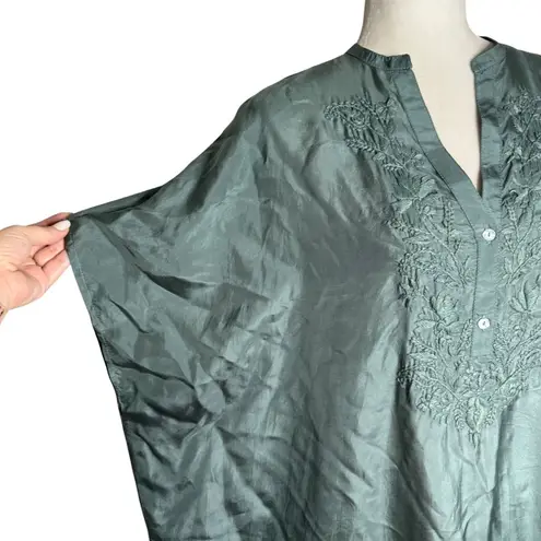 Oysho Silk Embroidered Kaftan Dress Size S Green V Neck Light Slightly Sheer NEW