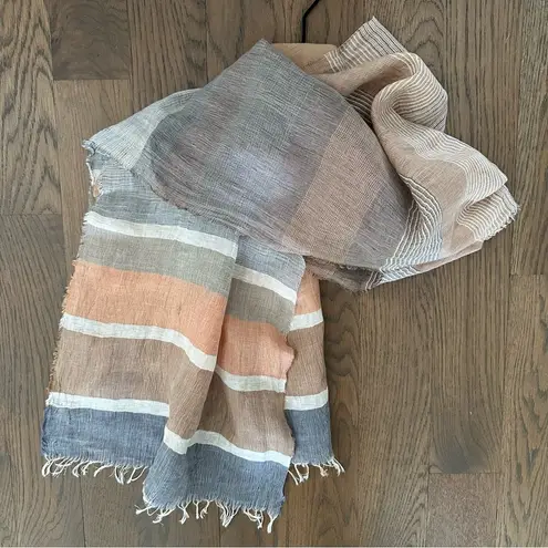Schneiders Salzburg Color Blocked Striped 100% Linen Scarf Cream, Blue, Orange Blue