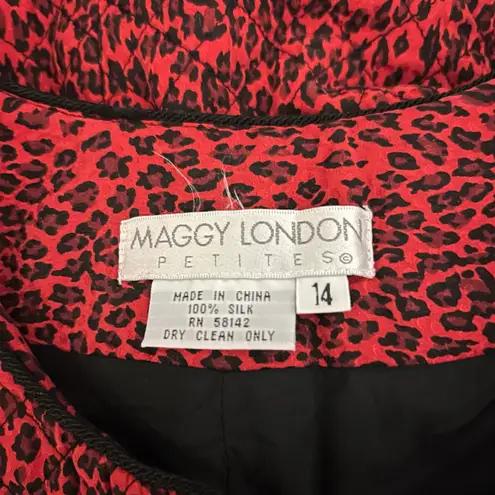 Vtg 80's Maggy London 100% Silk Jacket Womens Sz 14P Red Black Leopard Coat