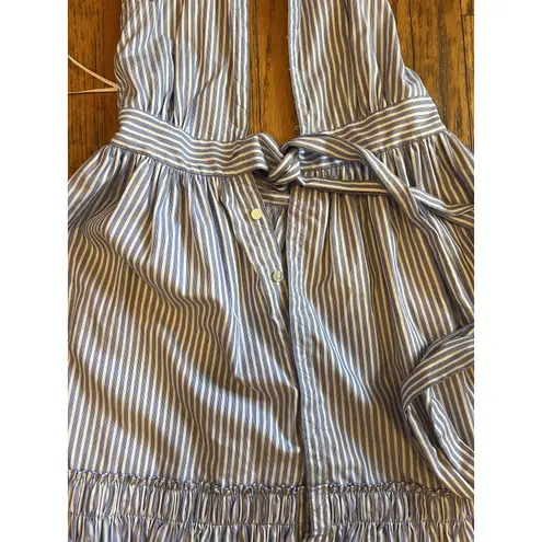Alexis Dress Womens Medium Blue Stripe Ruffle Collar Tie Waist Button Front