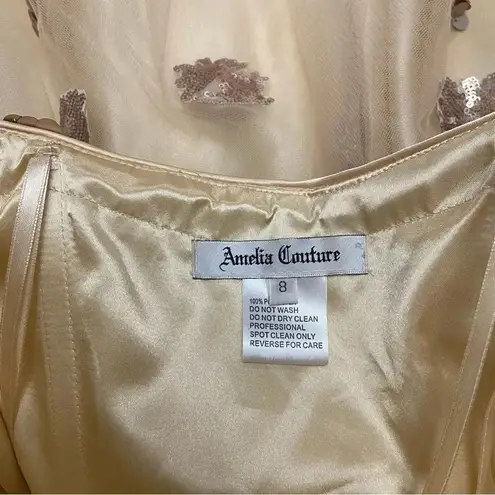 Amelia Couture strapless sweetheart neckline gold sequin prom dress size 8