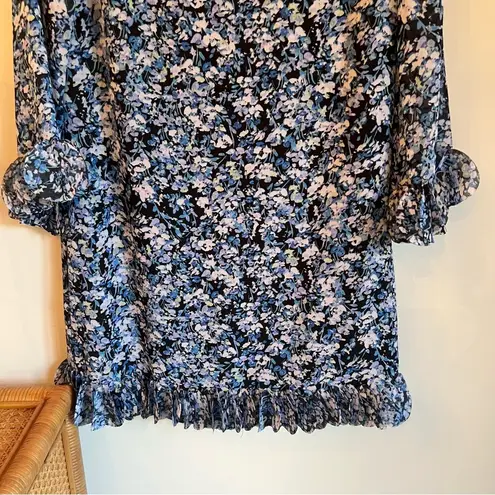 Tahari  Blue Floral 3/4 Length Sleeves Disc Ruffle Sheath Dress | 8