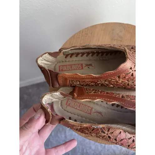 Pikolinos Romana Leather Lasercut Floral Slingback Heel Clogs Brandy 38 EU 8 US Brown