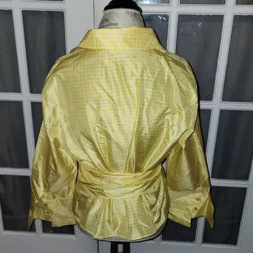 Escada Womens Yellow Gingham Silk Wrap Tie Top Blouse 42‎ Large Yellow