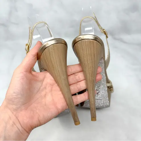 Rene Caovilla Silk Rhinestone Embellished Strappy Slingback Platform Sandal Heel Tan Size 9