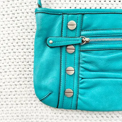 B Makowsky Bright Teal Blue Soft Leather Slim Ruched Front Studded Crossbody Bag