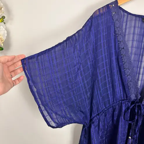 Club Z Collection Sheer Checkered Blue Swim Cover Up Kimono Eyelet Embroidery 2X