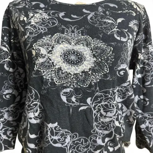 Jane Ashley Blue Mandala Print 3/4 Sleeve Boho Top Artsy Chic Size M 100% Cotton